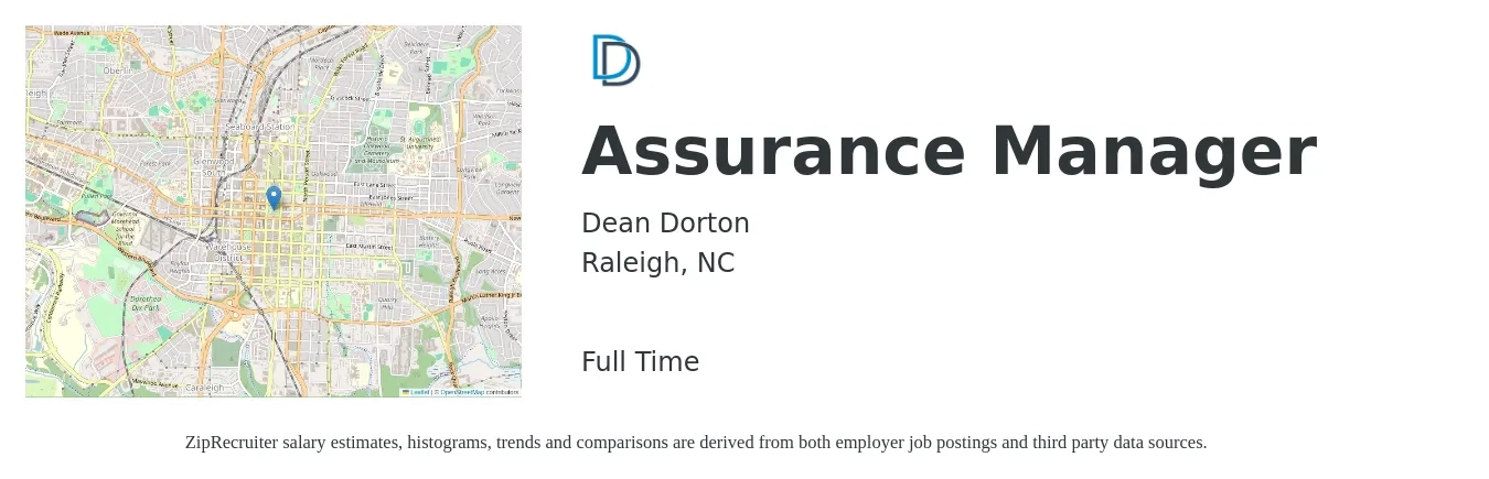 Dean Dorton job posting for a Assurance Manager in Raleigh, NC with a salary of $108,400 to $130,700 Yearly with a map of Raleigh location.