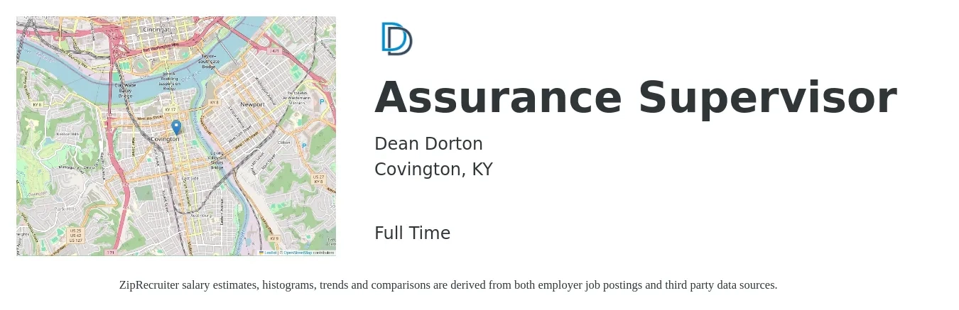 Dean Dorton job posting for a Assurance Supervisor in Covington, KY with a salary of $97,100 Yearly with a map of Covington location.