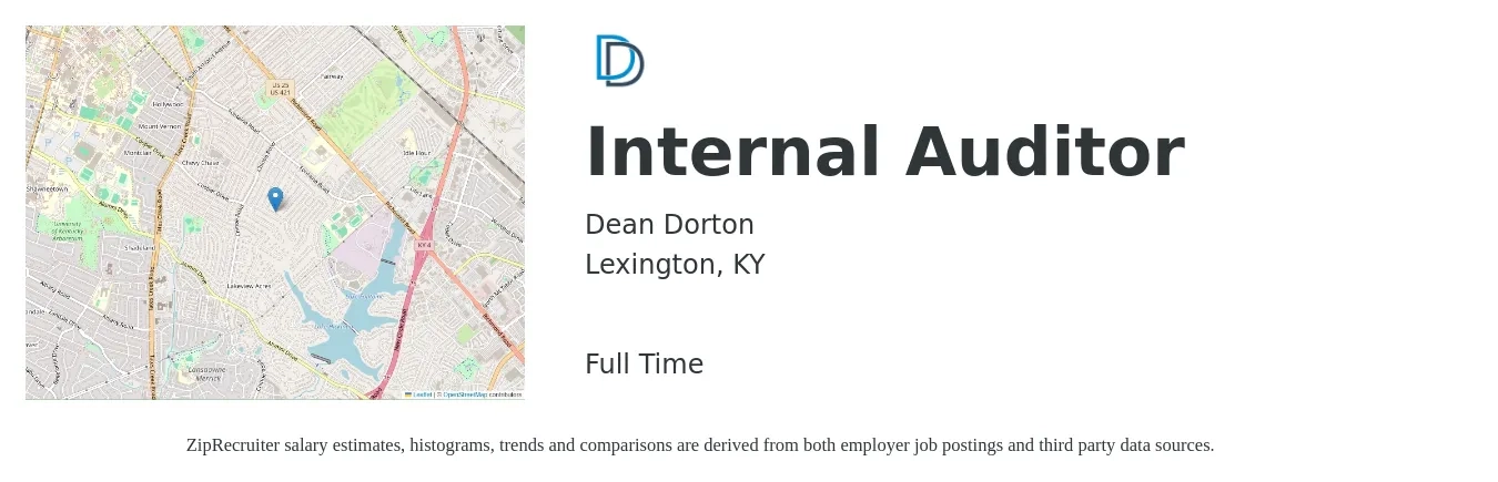 Dean Dorton job posting for a Internal Auditor in Lexington, KY with a salary of $52,000 to $78,600 Yearly with a map of Lexington location.