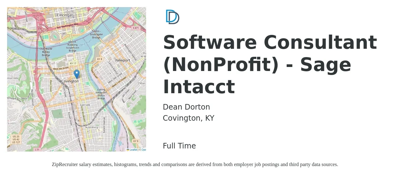 Dean Dorton job posting for a Software Consultant (NonProfit) - Sage Intacct in Covington, KY with a salary of $69 to $84 Hourly with a map of Covington location.