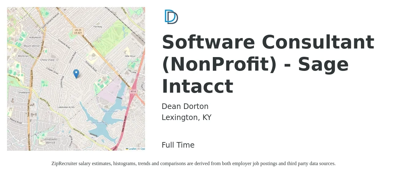 Dean Dorton job posting for a Software Consultant (NonProfit) - Sage Intacct in Lexington, KY with a salary of $62 to $75 Hourly with a map of Lexington location.