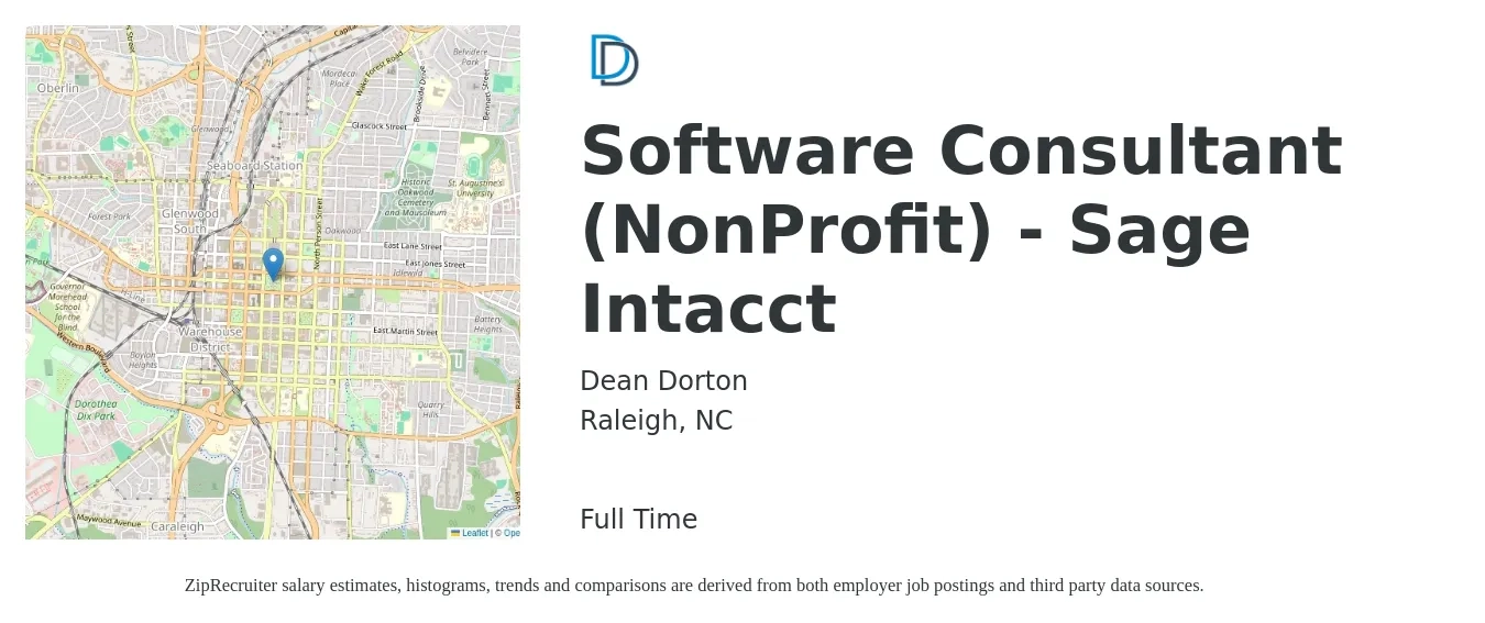 Dean Dorton job posting for a Software Consultant (NonProfit) - Sage Intacct in Raleigh, NC with a salary of $69 to $84 Hourly with a map of Raleigh location.