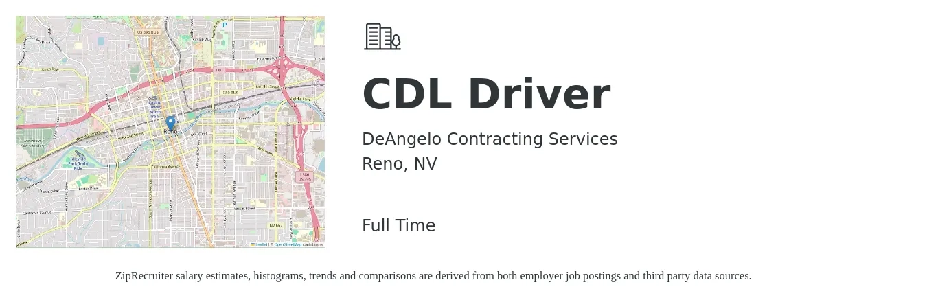 DeAngelo Contracting Services job posting for a CDL Driver in Reno, NV with a salary of $25 to $43 Hourly with a map of Reno location.