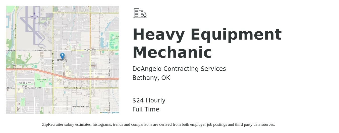 DeAngelo Contracting Services job posting for a Heavy Equipment Mechanic in Bethany, OK with a salary of $25 Hourly with a map of Bethany location.