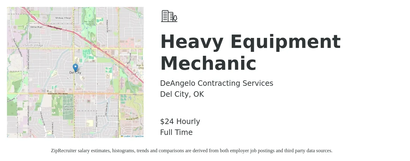 DeAngelo Contracting Services job posting for a Heavy Equipment Mechanic in Del City, OK with a salary of $25 Hourly with a map of Del City location.