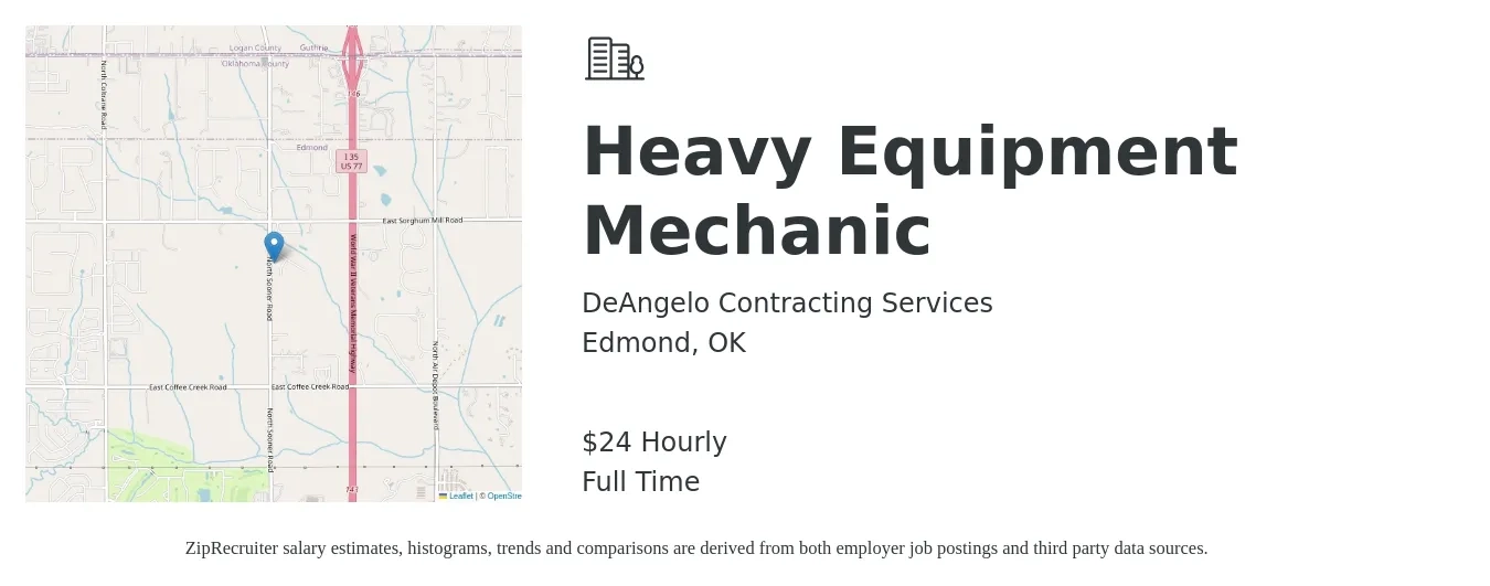 DeAngelo Contracting Services job posting for a Heavy Equipment Mechanic in Edmond, OK with a salary of $25 Hourly with a map of Edmond location.