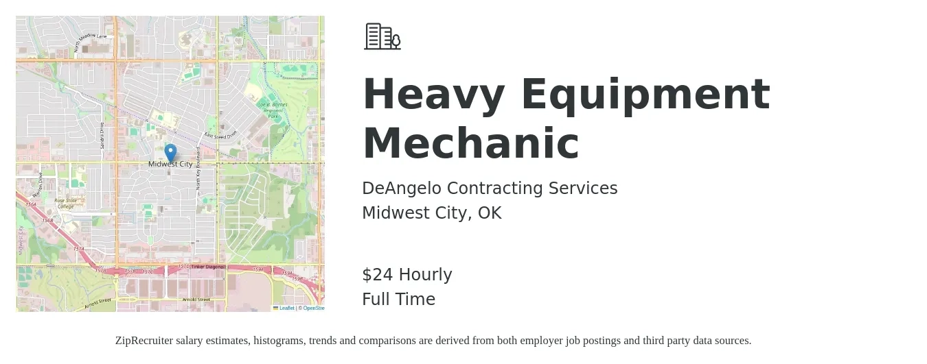 DeAngelo Contracting Services job posting for a Heavy Equipment Mechanic in Midwest City, OK with a salary of $25 Hourly with a map of Midwest City location.