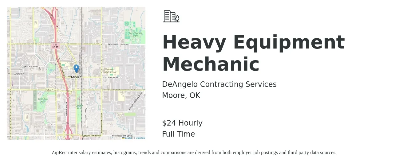 DeAngelo Contracting Services job posting for a Heavy Equipment Mechanic in Moore, OK with a salary of $25 Hourly with a map of Moore location.