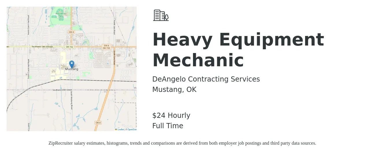 DeAngelo Contracting Services job posting for a Heavy Equipment Mechanic in Mustang, OK with a salary of $25 Hourly with a map of Mustang location.