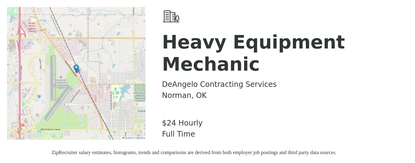 DeAngelo Contracting Services job posting for a Heavy Equipment Mechanic in Norman, OK with a salary of $25 Hourly with a map of Norman location.