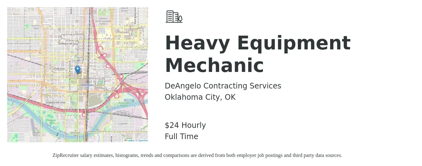 DeAngelo Contracting Services job posting for a Heavy Equipment Mechanic in Oklahoma City, OK with a salary of $25 Hourly with a map of Oklahoma City location.