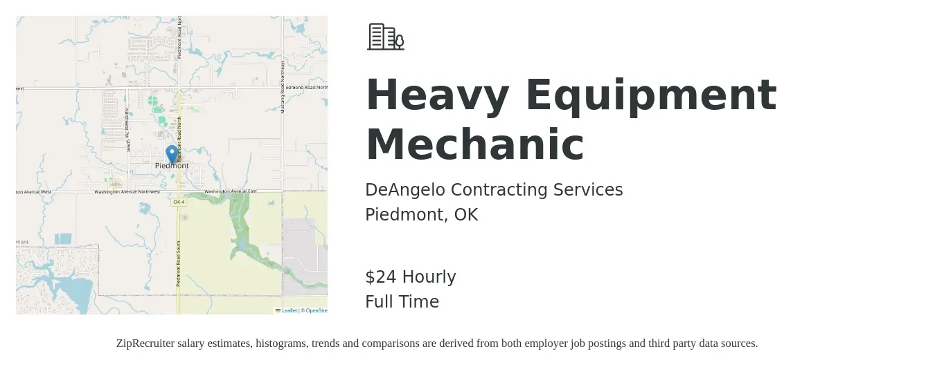 DeAngelo Contracting Services job posting for a Heavy Equipment Mechanic in Piedmont, OK with a salary of $25 Hourly with a map of Piedmont location.