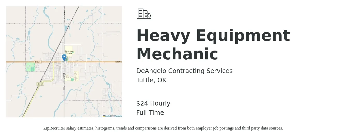 DeAngelo Contracting Services job posting for a Heavy Equipment Mechanic in Tuttle, OK with a salary of $25 Hourly with a map of Tuttle location.