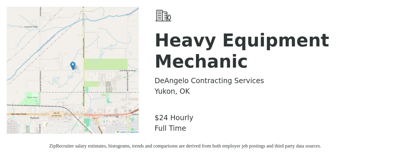 DeAngelo Contracting Services job posting for a Heavy Equipment Mechanic in Yukon, OK with a salary of $25 Hourly with a map of Yukon location.
