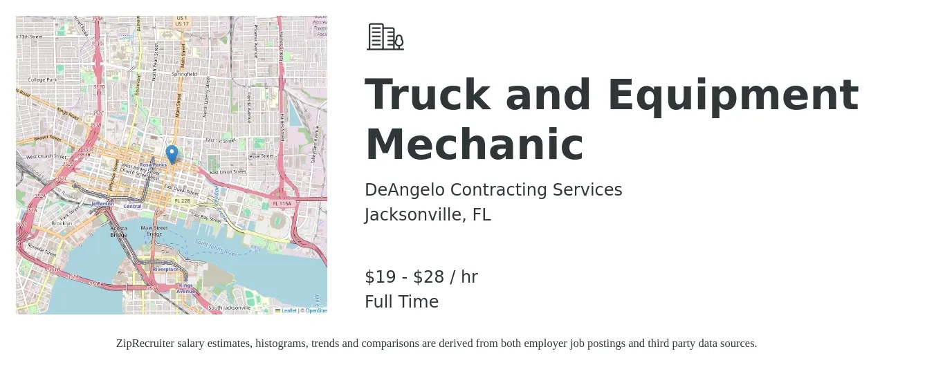 DeAngelo Contracting Services job posting for a Truck and Equipment Mechanic in Jacksonville, FL with a salary of $20 to $30 Hourly with a map of Jacksonville location.