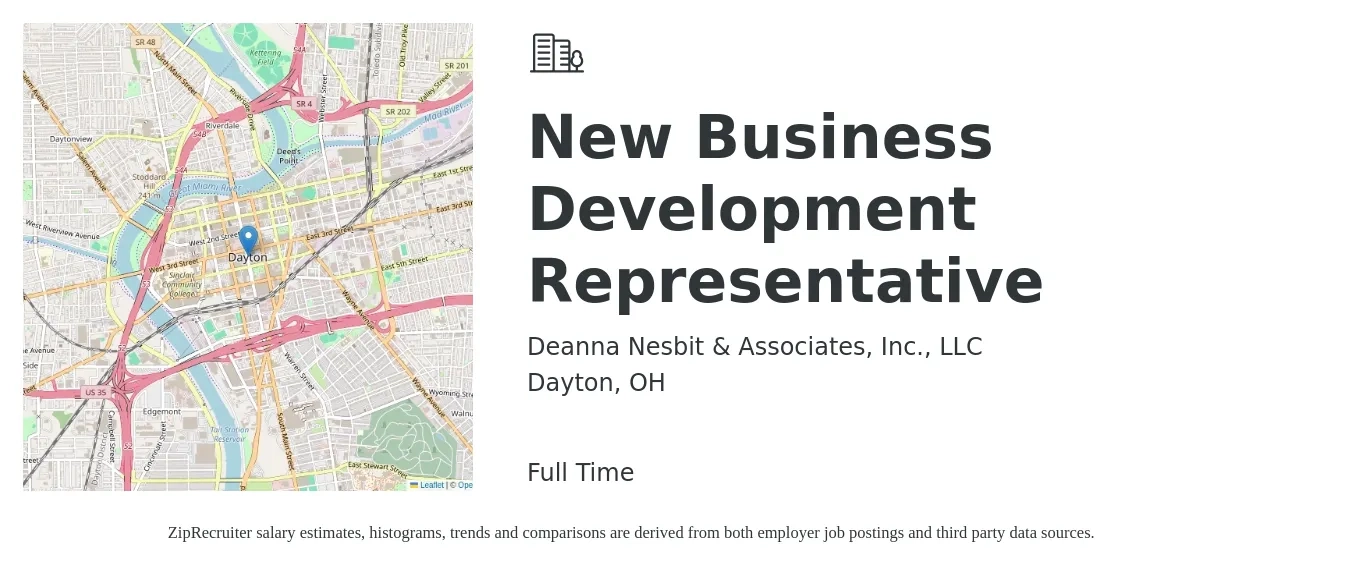 Deanna Nesbit & Associates, Inc., LLC job posting for a New Business Development Representative in Dayton, OH with a salary of $43,700 to $68,000 Yearly with a map of Dayton location.
