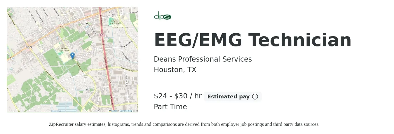 Deans Professional Services job posting for a EEG/EMG Technician in Houston, TX with a salary of $25 to $32 Hourly with a map of Houston location.