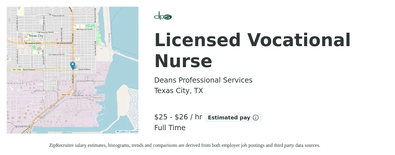 Deans Professional Services job posting for a Licensed Vocational Nurse in Texas City, TX with a salary of $28 to $30 Hourly with a map of Texas City location.