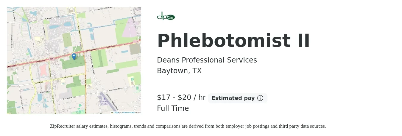Deans Professional Services job posting for a Phlebotomist II in Baytown, TX with a salary of $18 to $21 Hourly with a map of Baytown location.