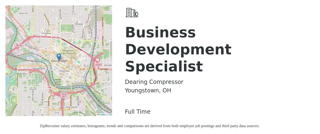 Dearing Compressor job posting for a Business Development Specialist in Youngstown, OH with a salary of $44,200 to $73,800 Yearly with a map of Youngstown location.