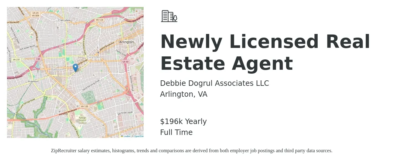 Debbie Dogrul Associates LLC job posting for a Newly Licensed Real Estate Agent in Arlington, VA with a salary of $196,492 Yearly with a map of Arlington location.