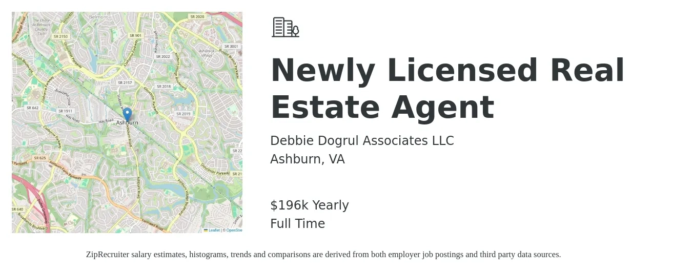 Debbie Dogrul Associates LLC job posting for a Newly Licensed Real Estate Agent in Ashburn, VA with a salary of $196,492 Yearly with a map of Ashburn location.