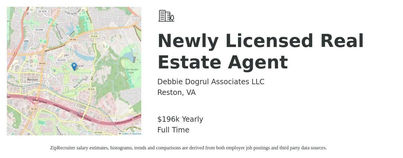 Debbie Dogrul Associates LLC job posting for a Newly Licensed Real Estate Agent in Reston, VA with a salary of $196,492 Yearly with a map of Reston location.