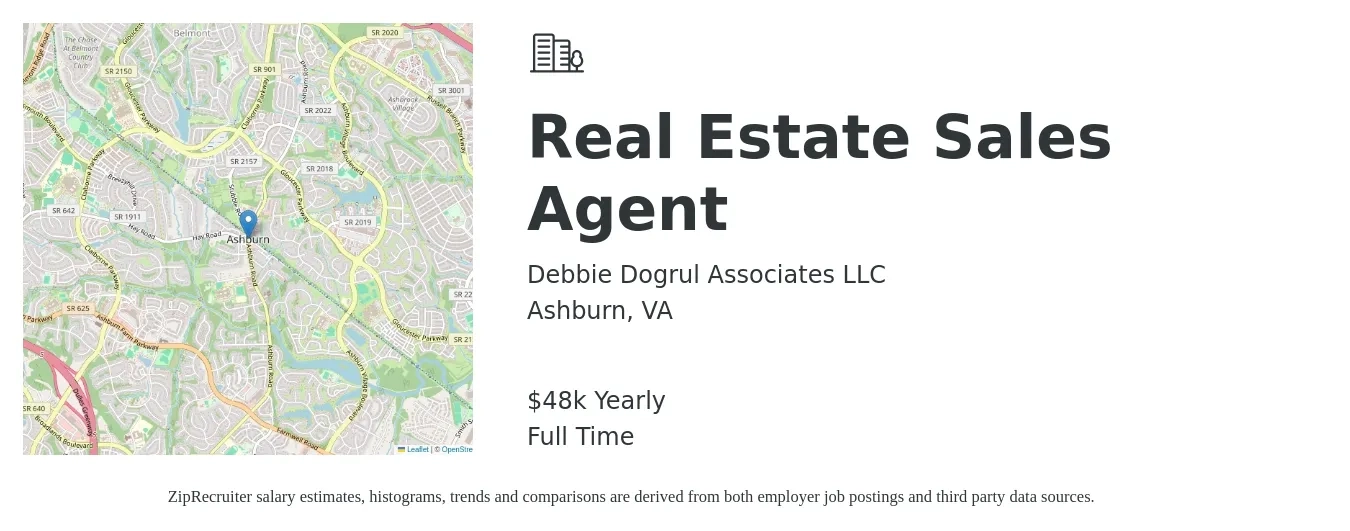 Debbie Dogrul Associates LLC job posting for a Real Estate Sales Agent in Ashburn, VA with a salary of $48,227 Yearly with a map of Ashburn location.