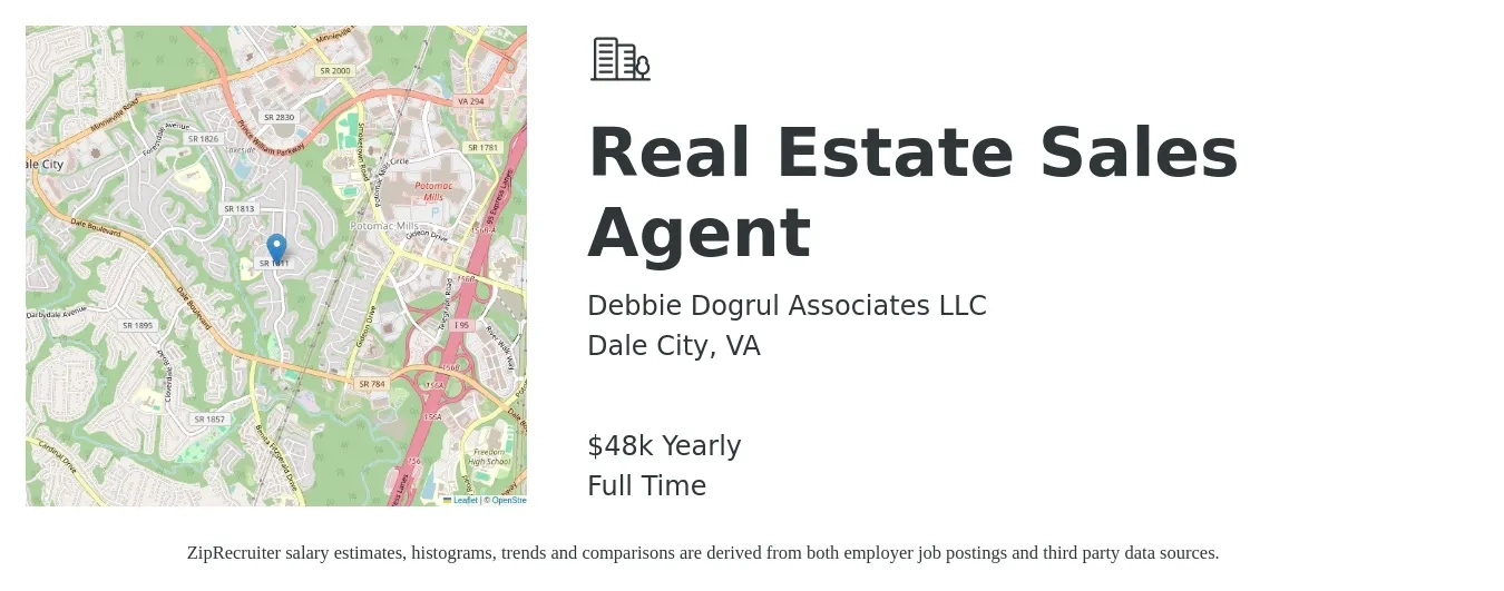Debbie Dogrul Associates LLC job posting for a Real Estate Sales Agent in Dale City, VA with a salary of $48,227 Yearly with a map of Dale City location.