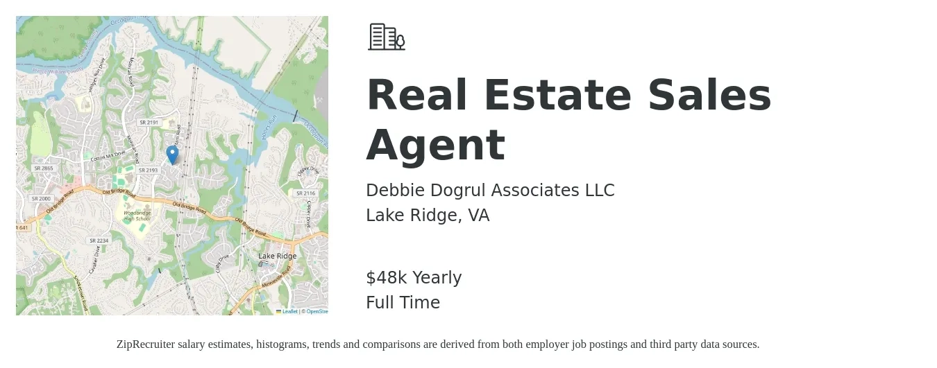 Debbie Dogrul Associates LLC job posting for a Real Estate Sales Agent in Lake Ridge, VA with a salary of $48,227 Yearly with a map of Lake Ridge location.
