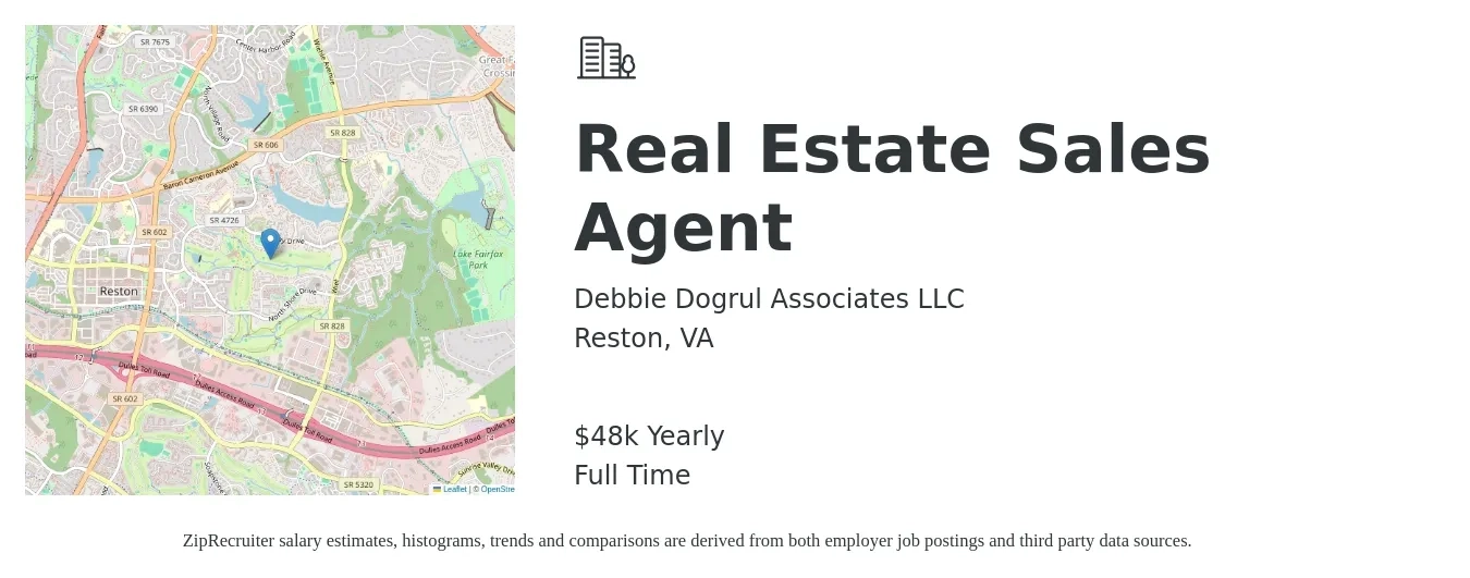 Debbie Dogrul Associates LLC job posting for a Real Estate Sales Agent in Reston, VA with a salary of $48,227 Yearly with a map of Reston location.