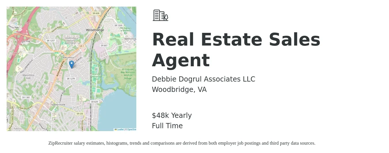 Debbie Dogrul Associates LLC job posting for a Real Estate Sales Agent in Woodbridge, VA with a salary of $48,227 Yearly with a map of Woodbridge location.