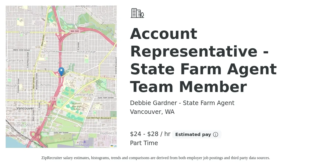 Debbie Gardner - State Farm Agent job posting for a Account Representative - State Farm Agent Team Member in Vancouver, WA with a salary of $25 to $30 Hourly with a map of Vancouver location.