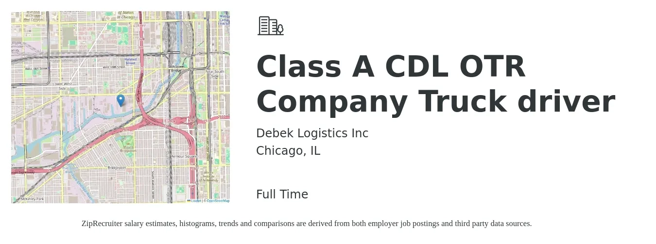 Debek Logistics Inc job posting for a Class A CDL OTR Company Truck driver in Chicago, IL with a salary of $1,500 to $2,100 Weekly with a map of Chicago location.