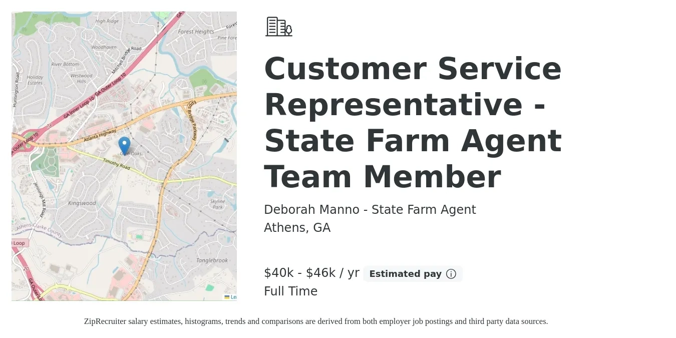 Deborah Manno - State Farm Agent job posting for a Customer Service Representative - State Farm Agent Team Member in Athens, GA with a salary of $40,000 to $46,000 Yearly with a map of Athens location.
