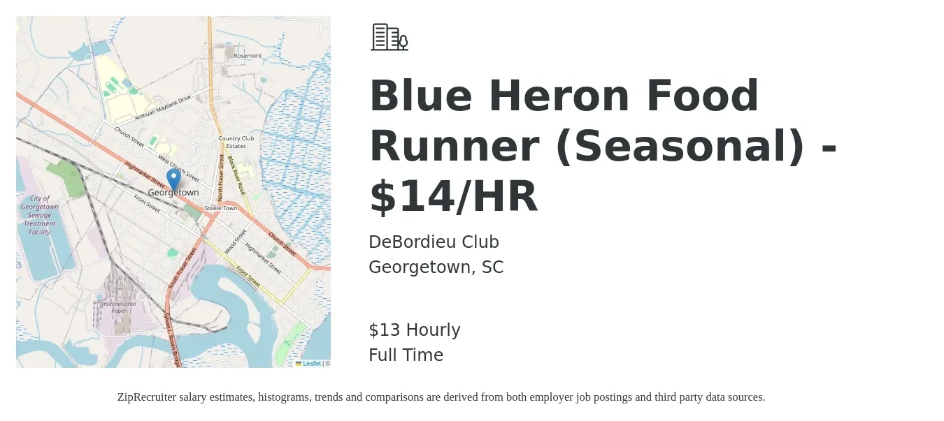 DeBordieu Club job posting for a Blue Heron Food Runner (Seasonal) - $14/HR in Georgetown, SC with a salary of $14 Hourly with a map of Georgetown location.
