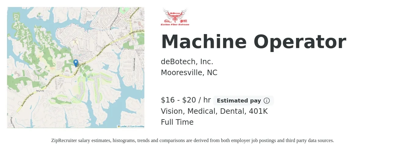deBotech, Inc. job posting for a Machine Operator in Mooresville, NC with a salary of $18 to $21 Hourly and benefits including medical, vision, 401k, dental, and life_insurance with a map of Mooresville location.