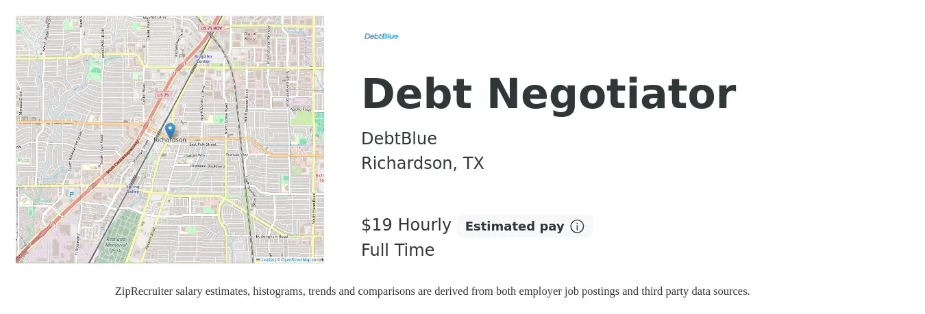 DebtBlue job posting for a Debt Negotiator in Richardson, TX with a salary of $22 to $43 Hourly with a map of Richardson location.