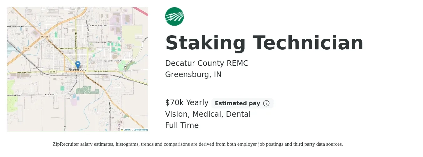 Decatur County REMC job posting for a Staking Technician in Greensburg, IN with a salary of $70,000 Yearly and benefits including retirement, vision, dental, life_insurance, and medical with a map of Greensburg location.