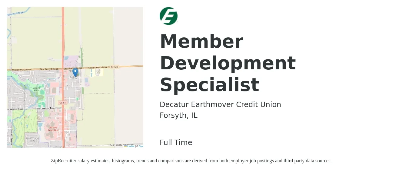 Decatur Earthmover Credit Union job posting for a Member Development Specialist in Forsyth, IL with a salary of $15 to $19 Hourly with a map of Forsyth location.