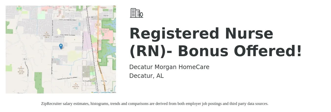 Decatur Morgan HomeCare job posting for a Registered Nurse (RN)- Bonus Offered! in Decatur, AL with a salary of $33 to $50 Hourly with a map of Decatur location.