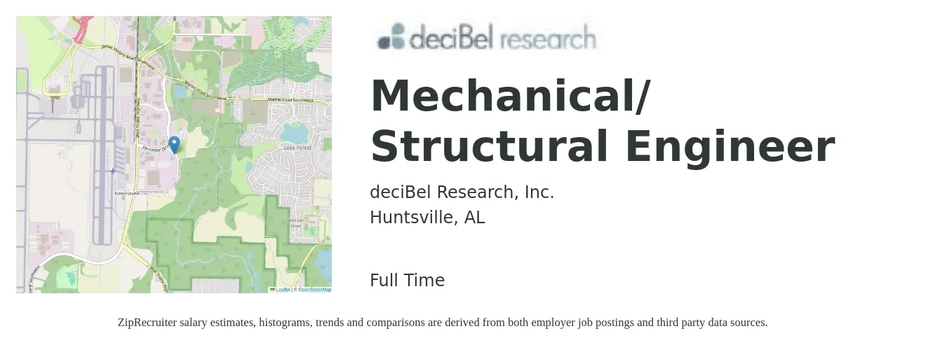 deciBel Research, Inc. job posting for a Mechanical/ Structural Engineer in Huntsville, AL with a salary of $74,500 to $105,300 Yearly with a map of Huntsville location.