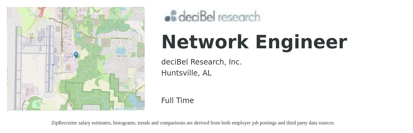 deciBel Research, Inc. job posting for a Network Engineer in Huntsville, AL with a salary of $82,900 to $124,400 Yearly with a map of Huntsville location.