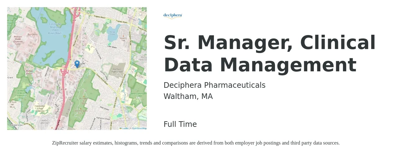 Deciphera Pharmaceuticals job posting for a Sr. Manager, Clinical Data Management in Waltham, MA with a salary of $112,700 to $148,300 Yearly with a map of Waltham location.
