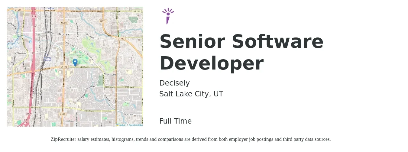 Decisely job posting for a Senior Software Developer in Salt Lake City, UT with a salary of $53 to $70 Hourly with a map of Salt Lake City location.