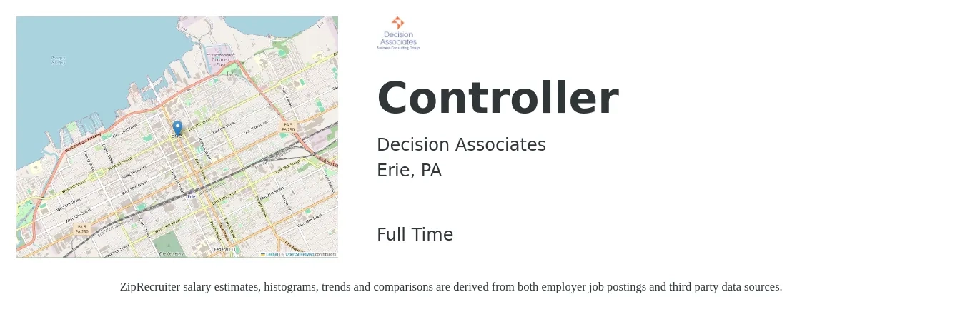 Decision Associates job posting for a Controller in Erie, PA with a salary of $94,200 to $134,500 Yearly with a map of Erie location.