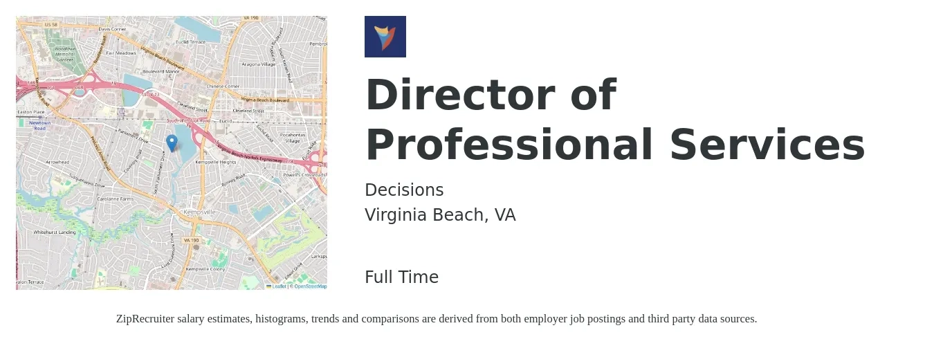 Decisions job posting for a Director of Professional Services in Virginia Beach, VA with a salary of $49,300 to $90,200 Yearly with a map of Virginia Beach location.