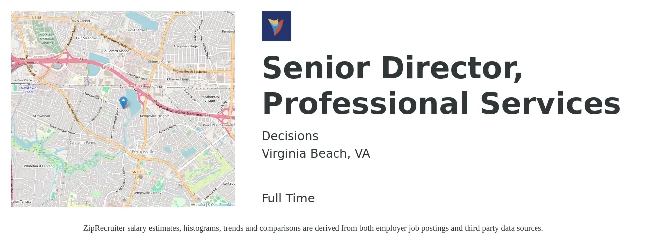 Decisions job posting for a Senior Director, Professional Services in Virginia Beach, VA with a salary of $49,300 to $90,200 Yearly with a map of Virginia Beach location.