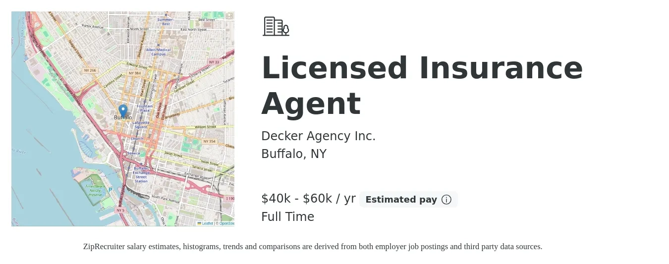 Decker Agency Inc. job posting for a Licensed Insurance Agent in Buffalo, NY with a salary of $40,000 to $60,000 Yearly with a map of Buffalo location.