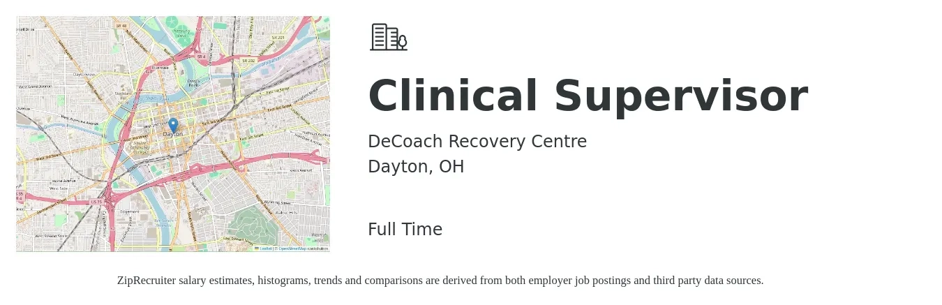 DeCoach Recovery Centre job posting for a Clinical Supervisor in Dayton, OH with a salary of $62,200 to $86,000 Yearly with a map of Dayton location.